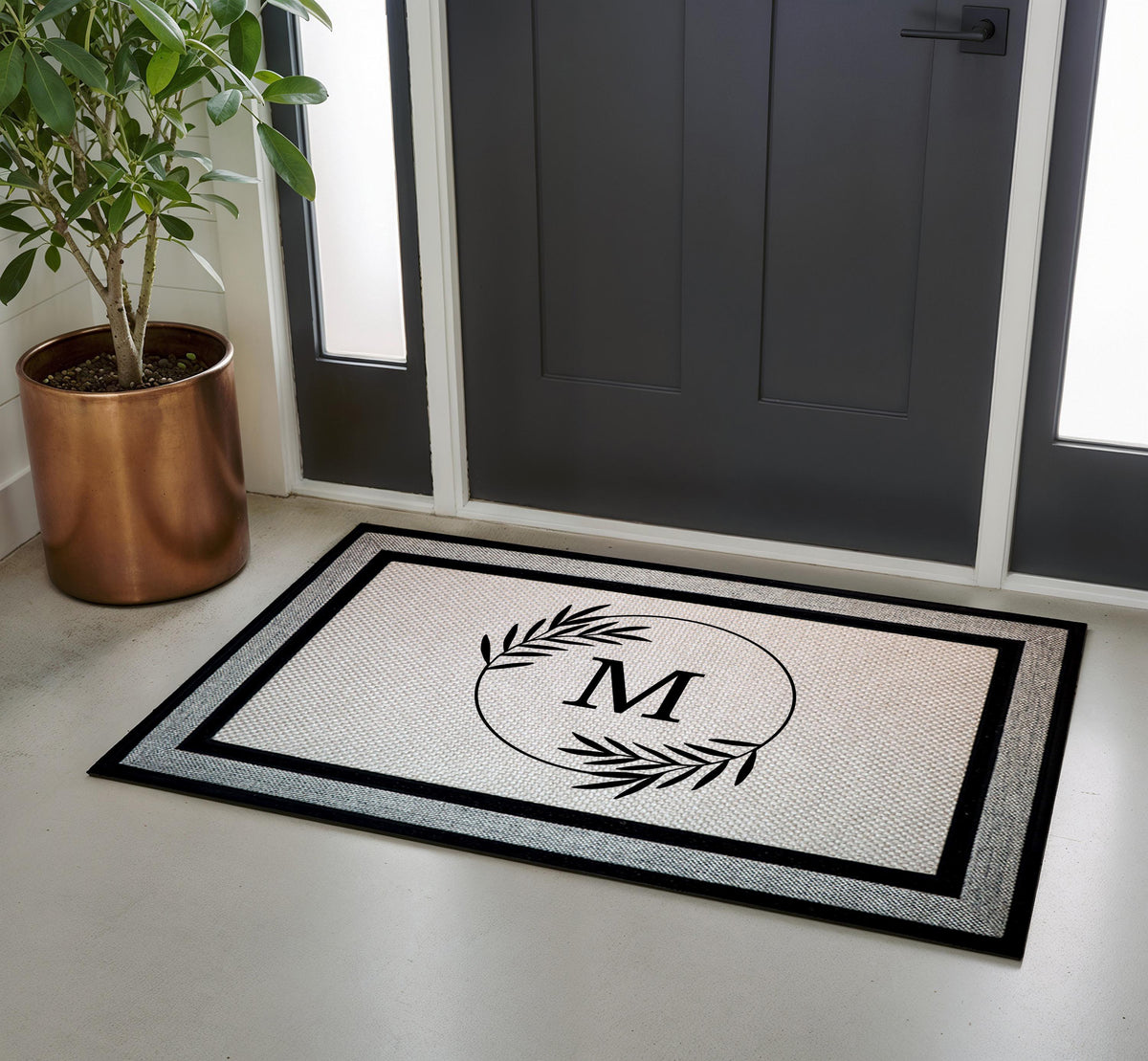 Personalized Monogram Doormat, Custom Initial Welcome Mat, Elegant Door Mat with Botanical Circle Design, Front Porch and Indoor Entry Mat