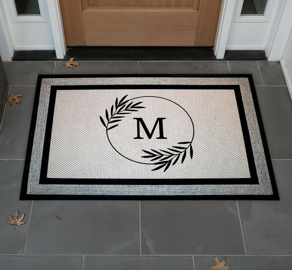 Personalized Monogram Doormat, Custom Initial Welcome Mat, Elegant Door Mat with Botanical Circle Design, Front Porch and Indoor Entry Mat