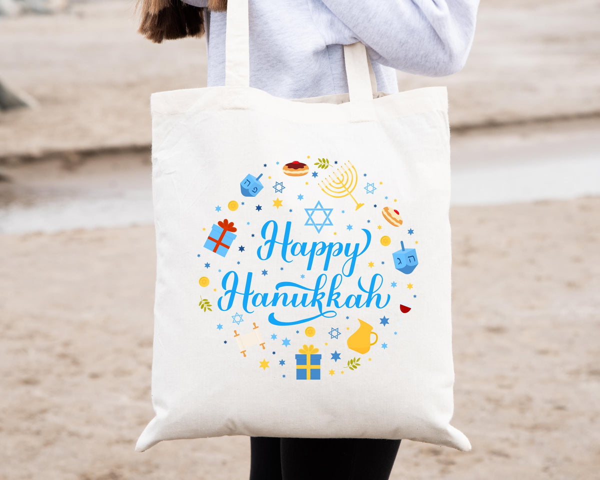 Happy Hanukkah Tote Bag, Rosh Hashanah Tote, Jewish Reusable Bag Gift, Jewish Holiday Bag, Hanukkah Celebration Tote Bag