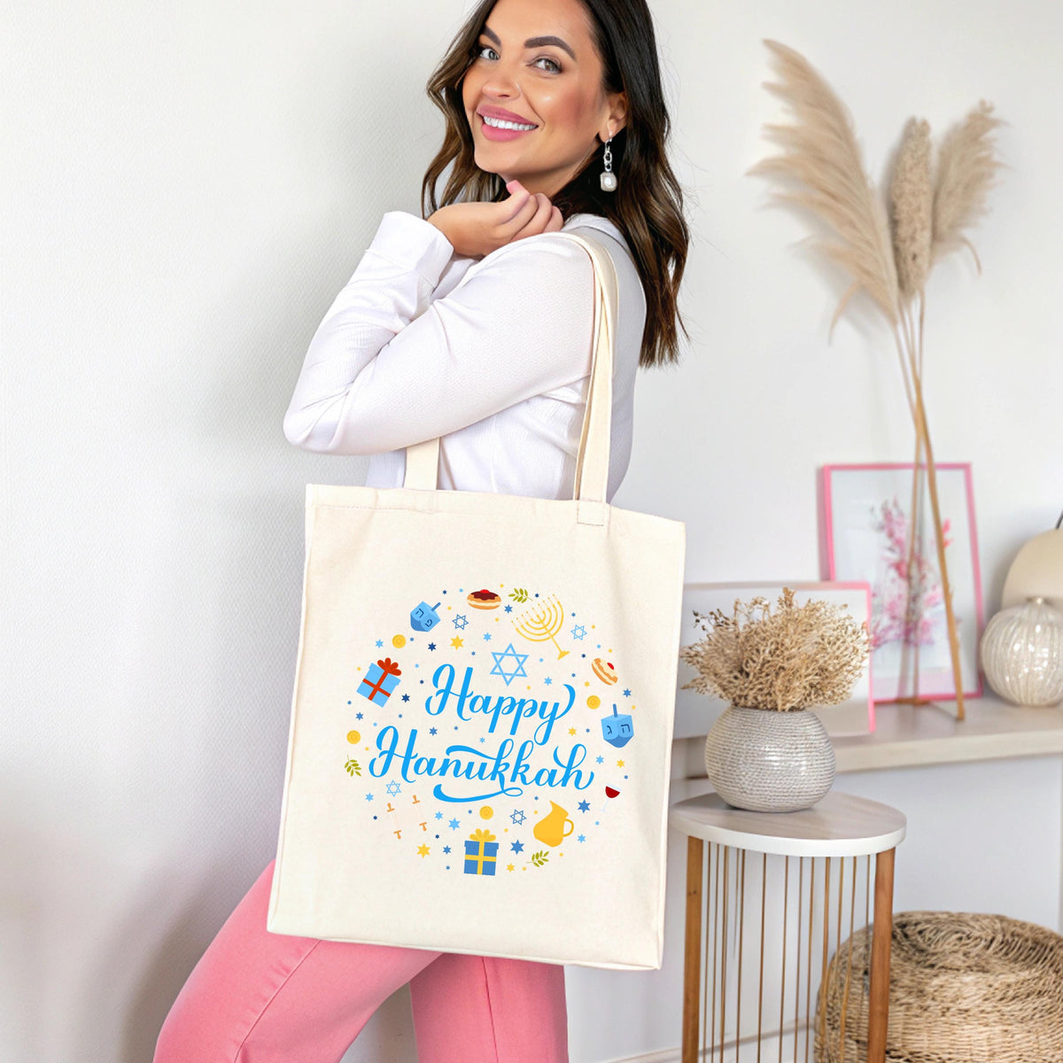 Happy Hanukkah Tote Bag, Rosh Hashanah Tote, Jewish Reusable Bag Gift, Jewish Holiday Bag, Hanukkah Celebration Tote Bag