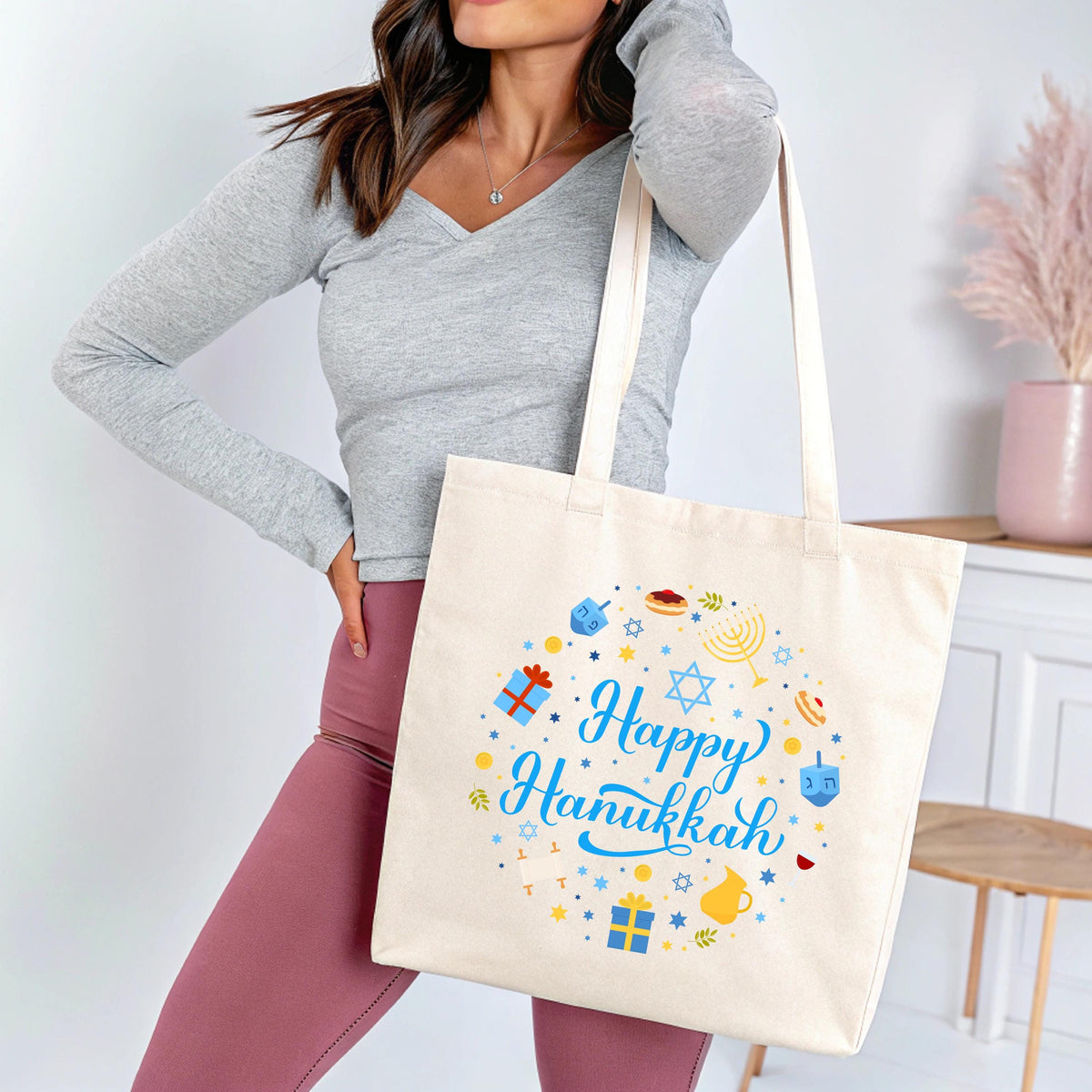 Happy Hanukkah Tote Bag, Rosh Hashanah Tote, Jewish Reusable Bag Gift, Jewish Holiday Bag, Hanukkah Celebration Tote Bag
