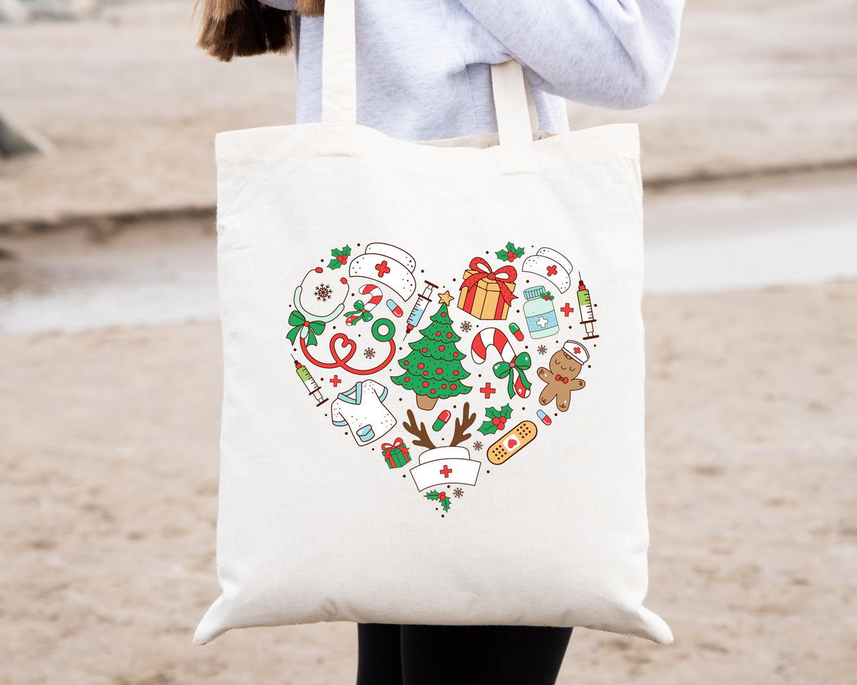 Christmas Nurse Tote Bag, Nurse Xmas Tree Tote, Christmas Gift Tote For Nurse, Merry Nurse Tote Bag, ER Nurse Christmas Tote, Nice Nurse Bag