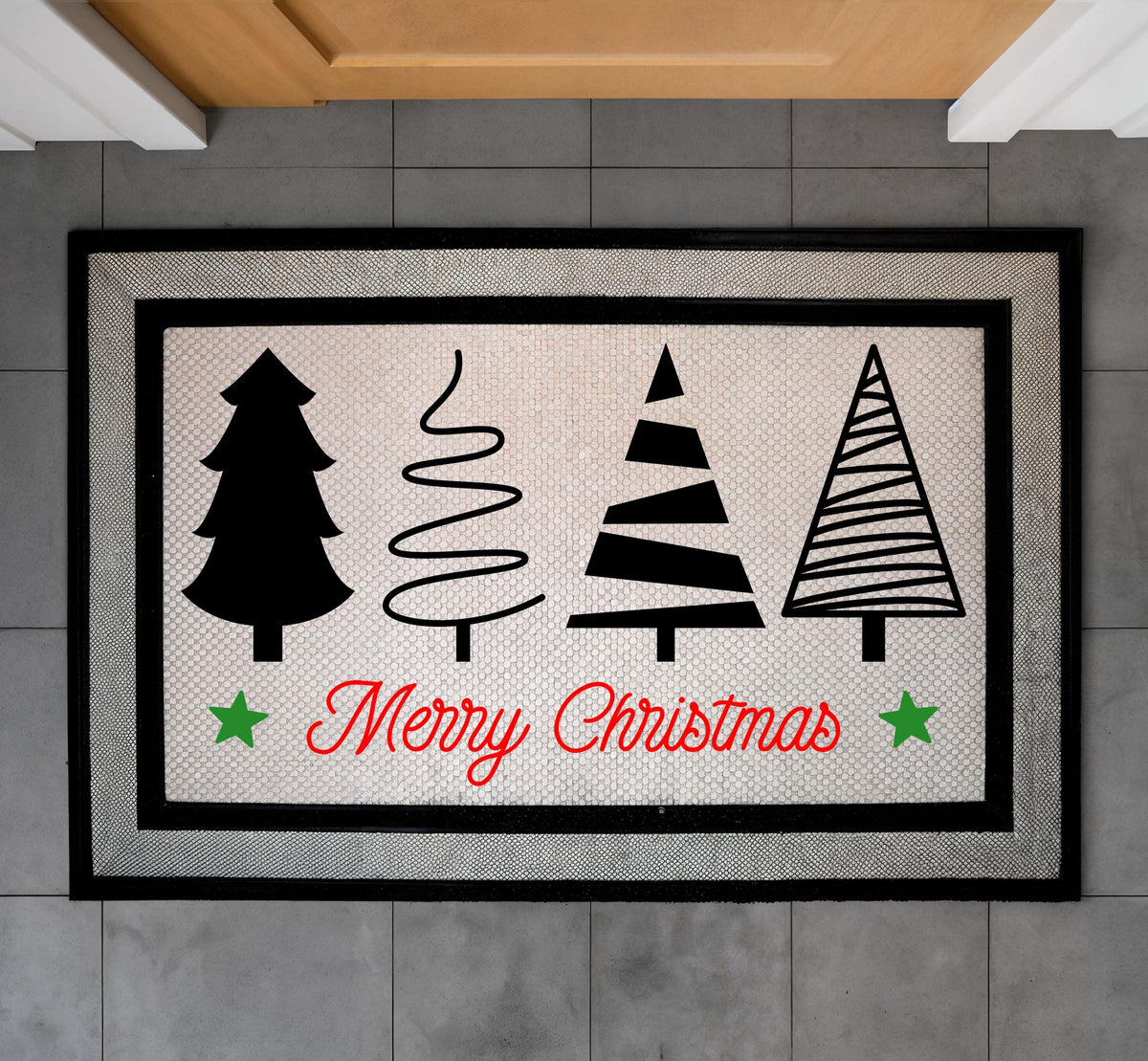Merry Christmas Doormat, Holiday Welcome Mat, Modern Xmas Tree Designs Door Mat, Outdoor Indoor Seasonal Mat, Festive Winter Entryway Mat