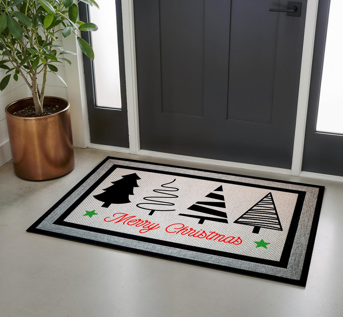 Merry Christmas Doormat, Holiday Welcome Mat, Modern Xmas Tree Designs Door Mat, Outdoor Indoor Seasonal Mat, Festive Winter Entryway Mat