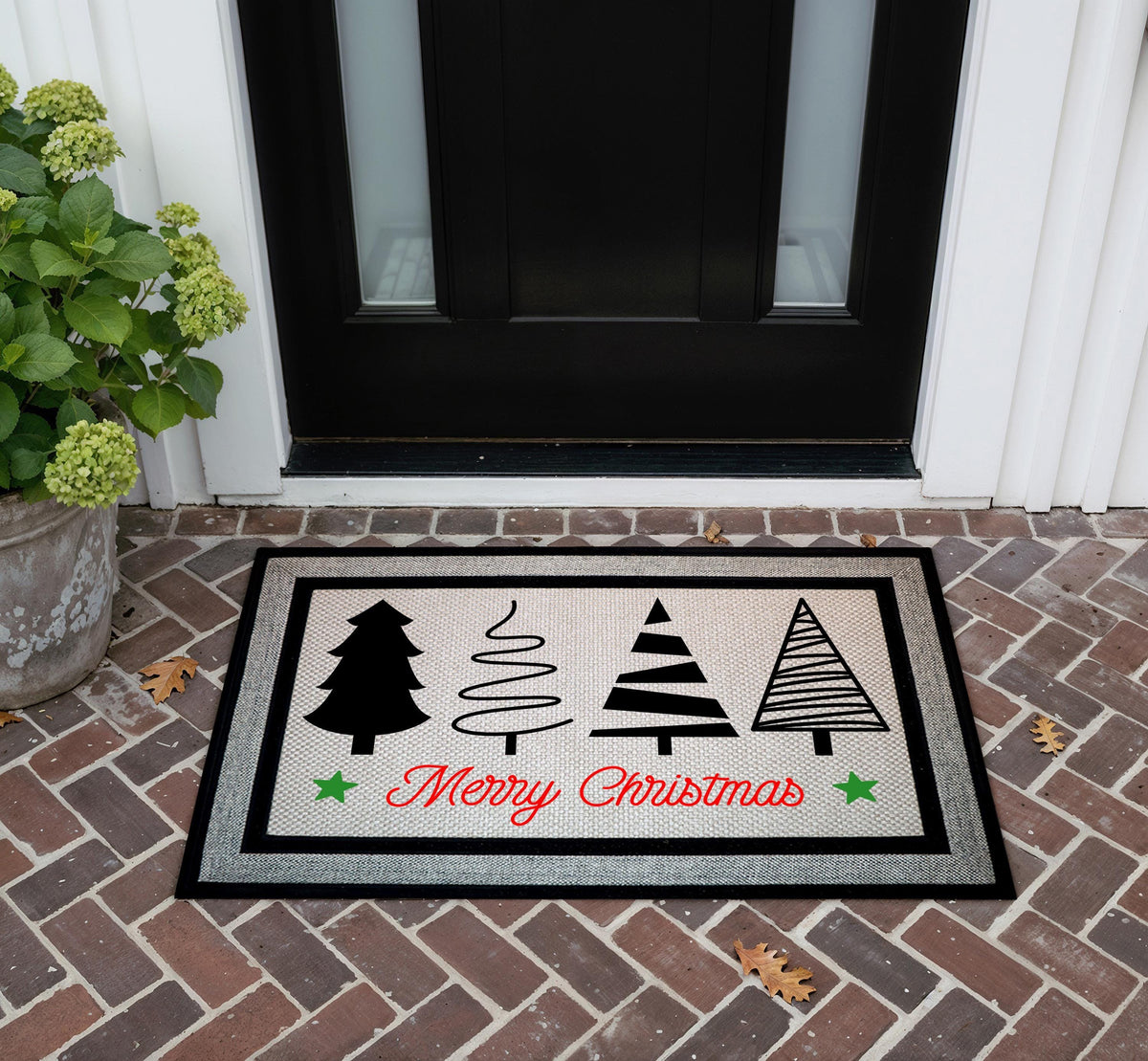 Merry Christmas Doormat, Holiday Welcome Mat, Modern Xmas Tree Designs Door Mat, Outdoor Indoor Seasonal Mat, Festive Winter Entryway Mat