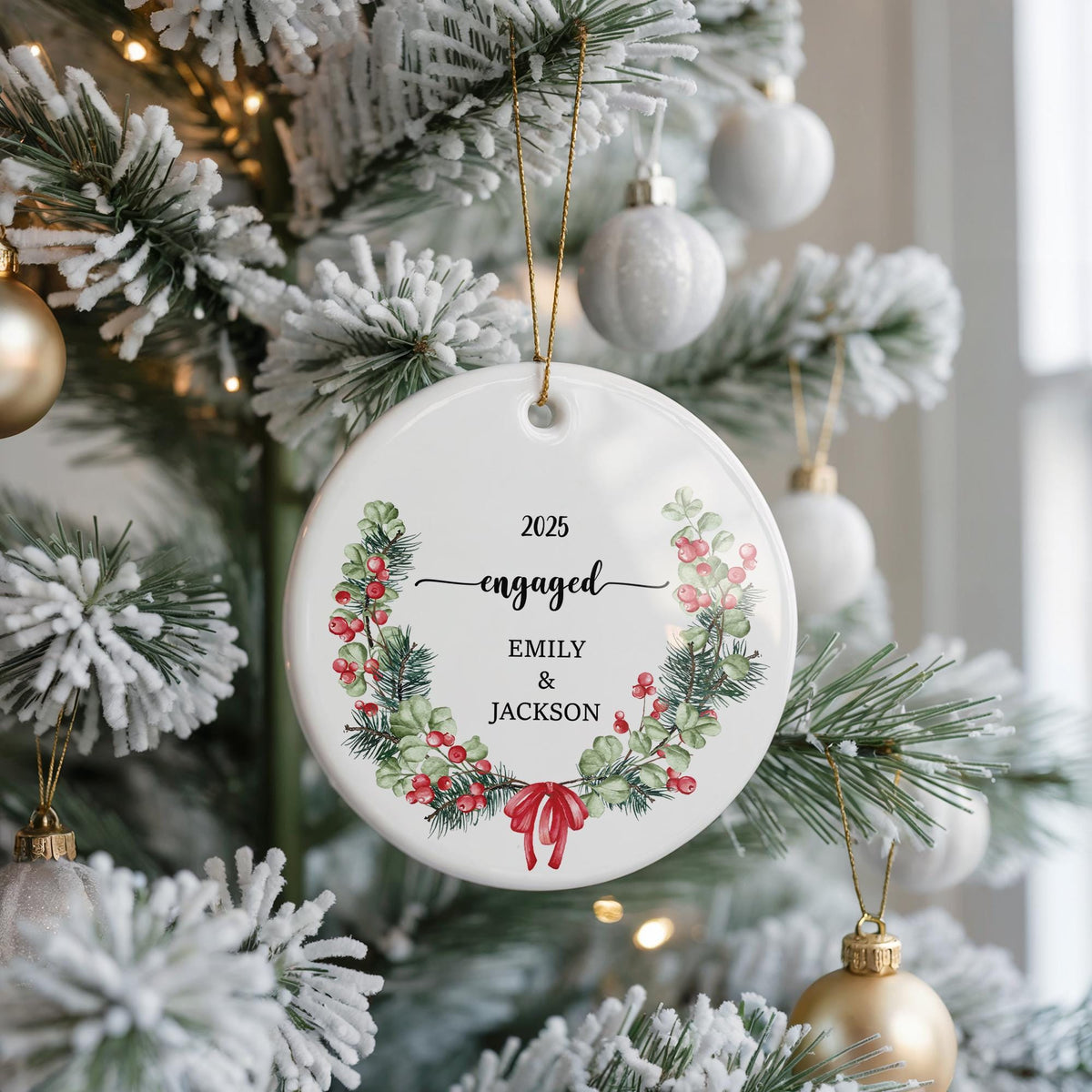 Personalized Engagement Ornament, Watercolor Wreath Ceramic Keepsake
