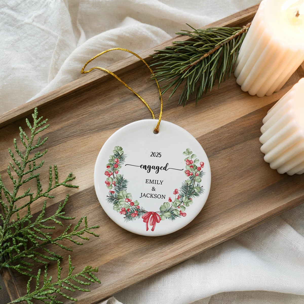 Personalized Engagement Ornament, Watercolor Wreath Ceramic Keepsake