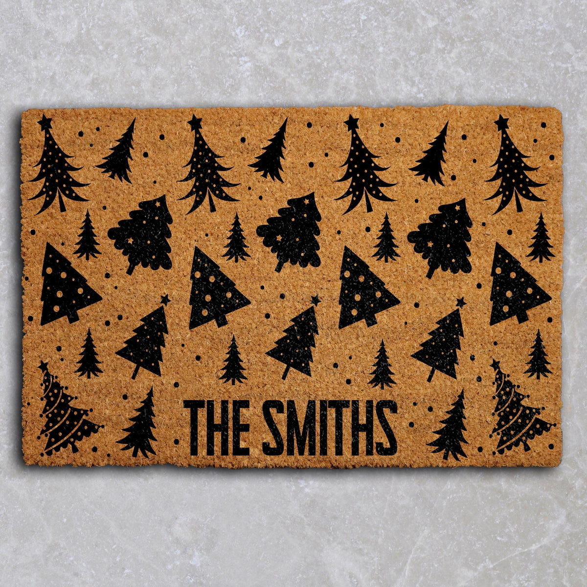 Personalized Christmas Tree Pattern Doormat, Custom Last Name Holiday Coir Mat