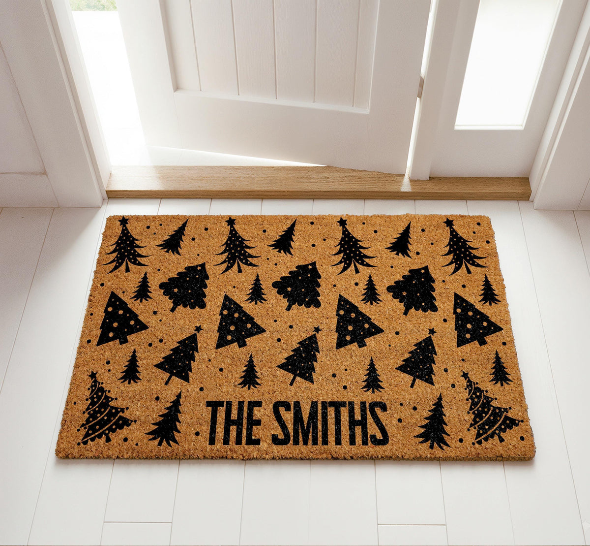 Personalized Christmas Tree Pattern Doormat, Custom Last Name Holiday Coir Mat