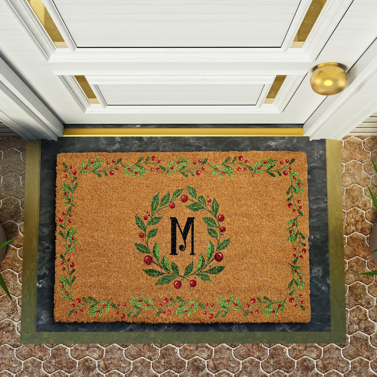 Custom Monogram Christmas Doormat, Personalized Initial Welcome Mat