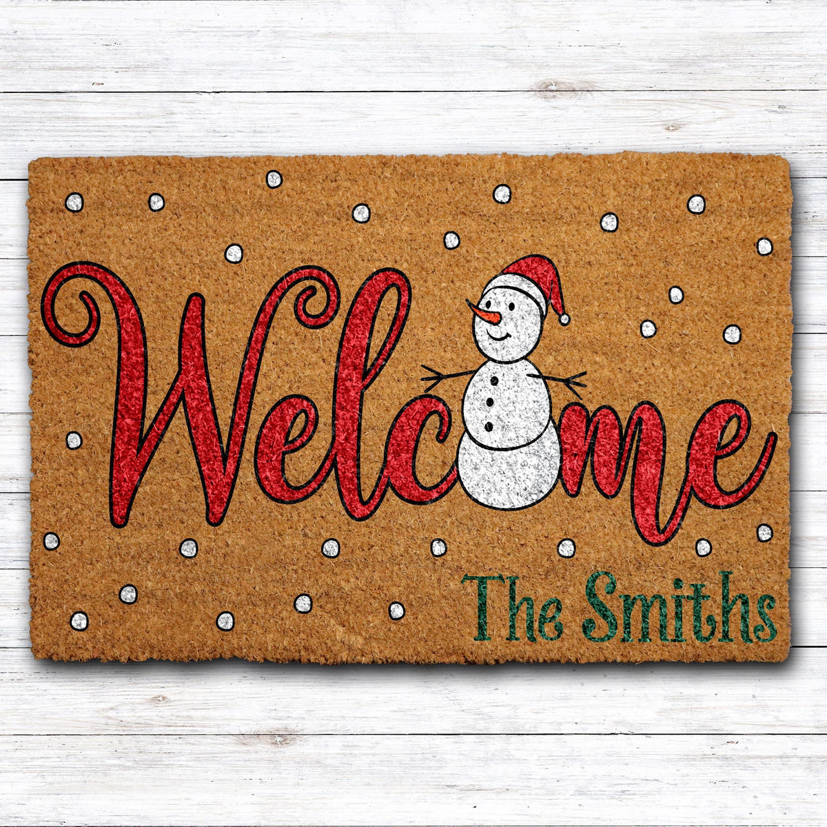 Personalized Welcome Snowman Doormat, Custom Family Name Winter Home Decor