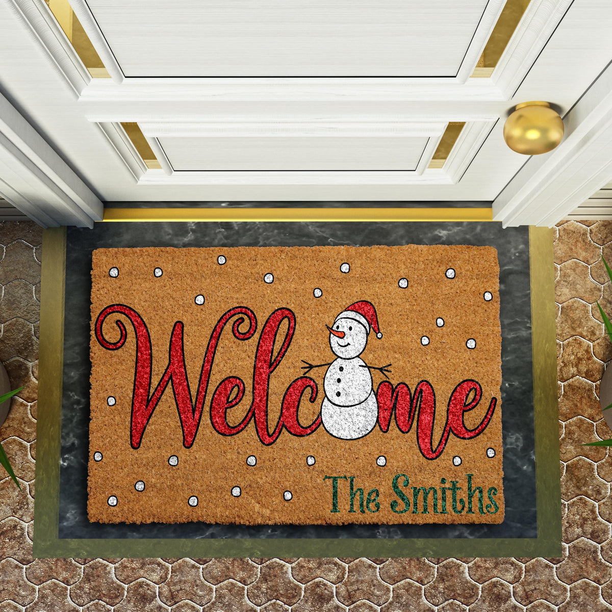 Personalized Welcome Snowman Doormat, Custom Family Name Winter Home Decor