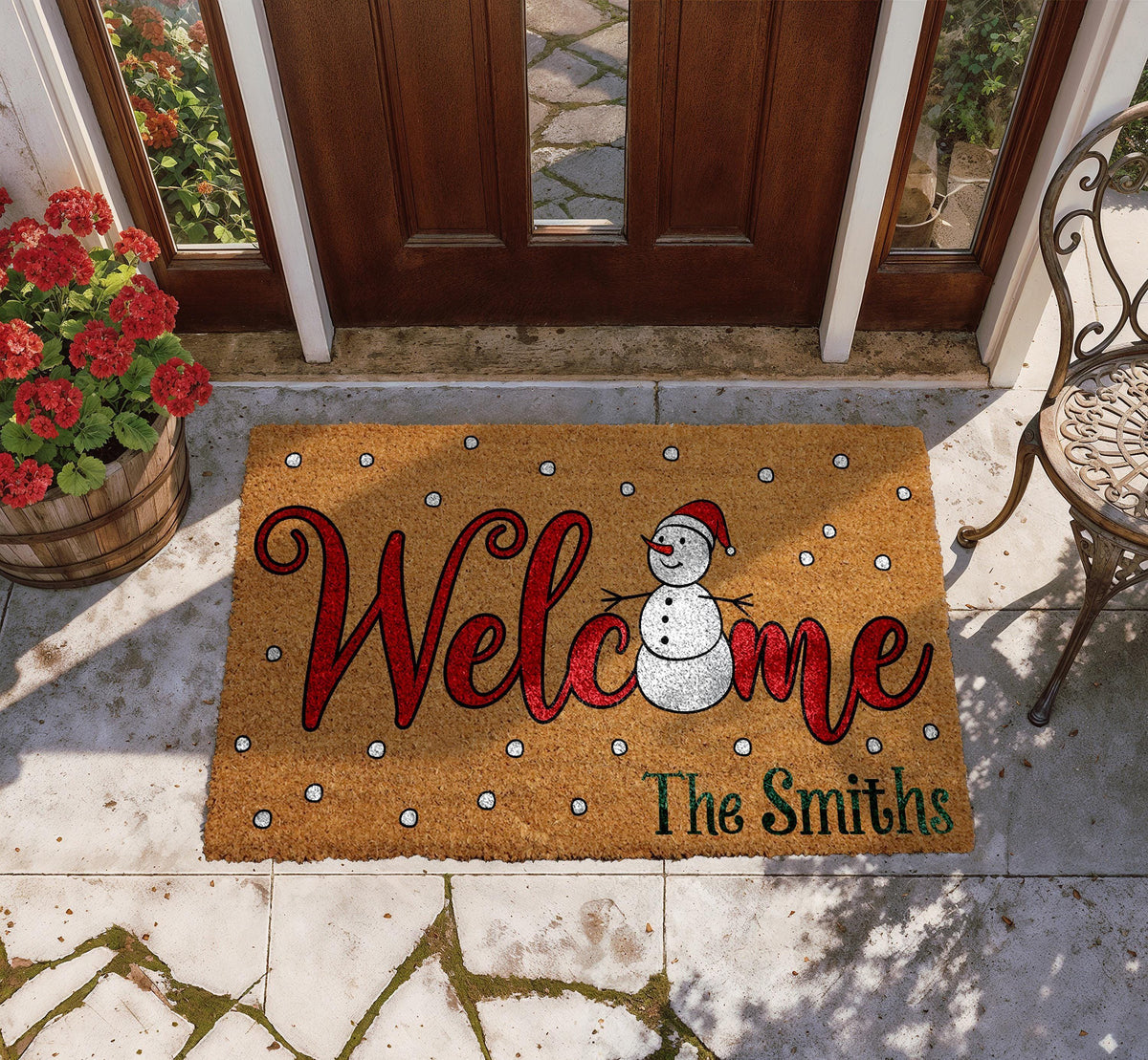 Personalized Welcome Snowman Doormat, Custom Family Name Winter Home Decor