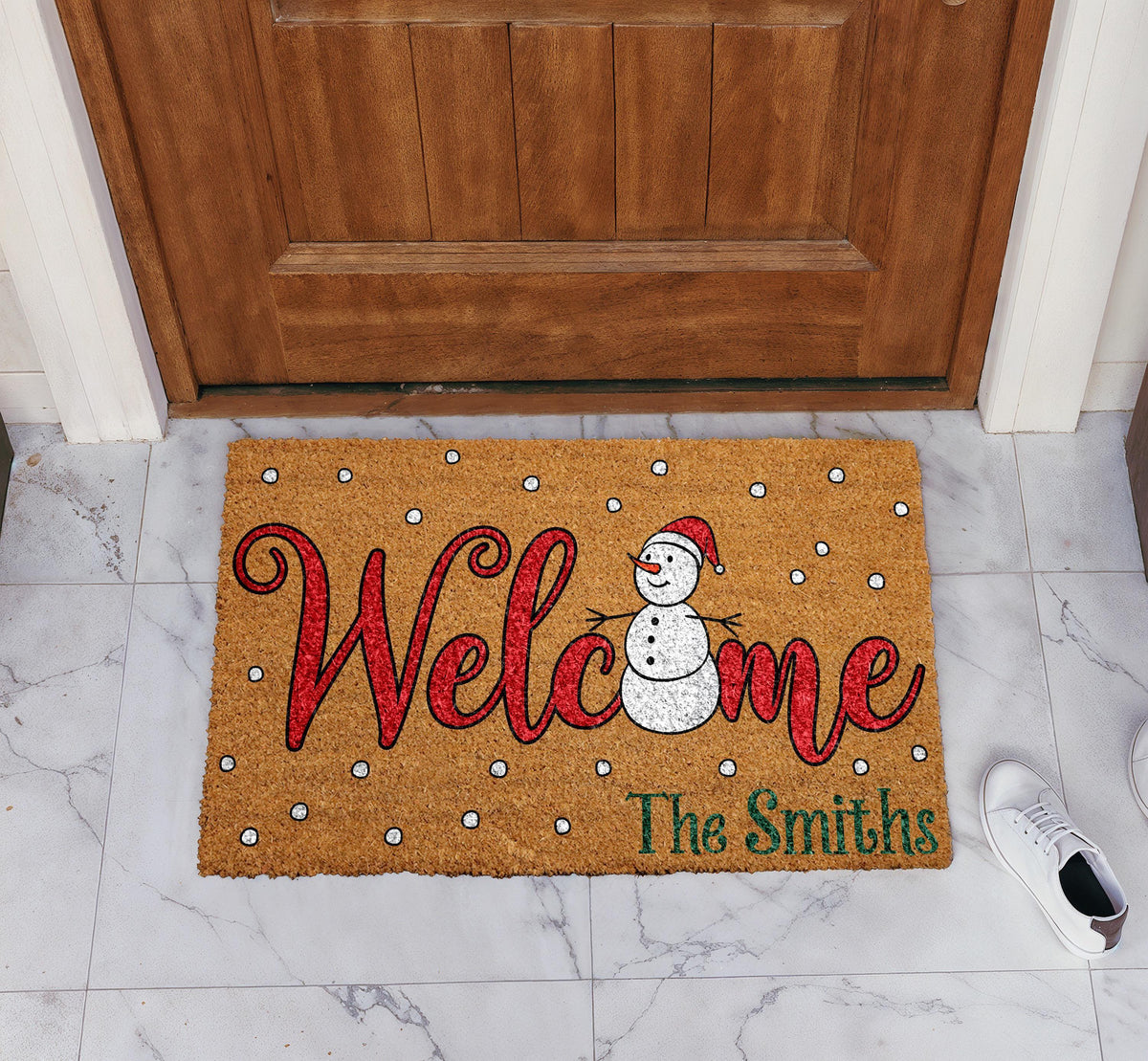 Personalized Welcome Snowman Doormat, Custom Family Name Winter Home Decor