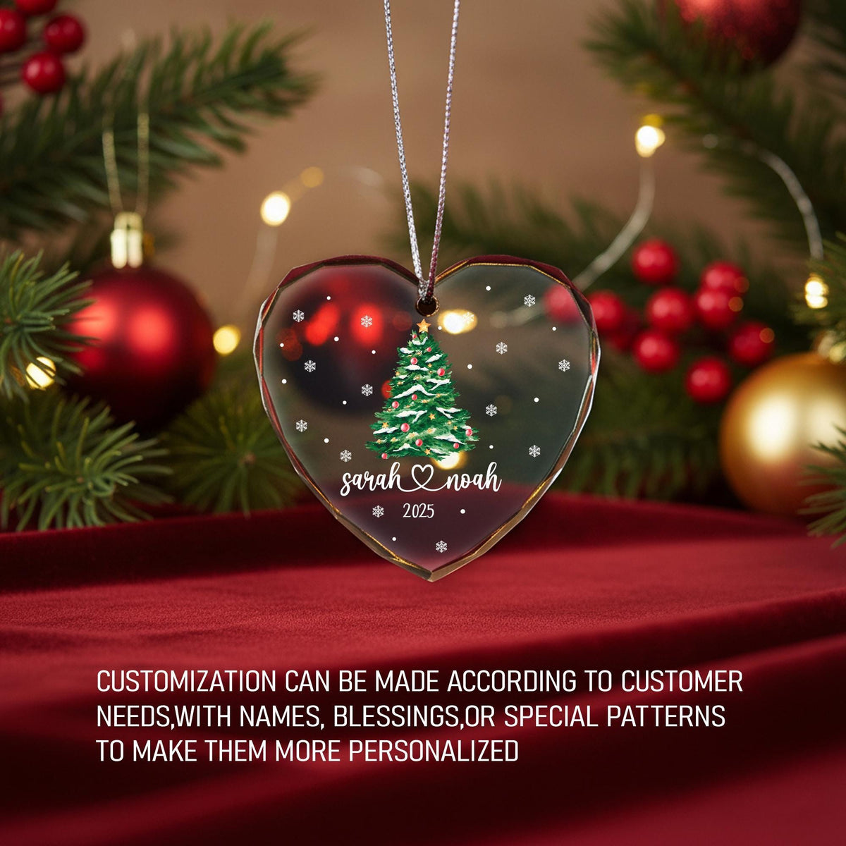 Custom Couple Heart Crystal Christmas Ornament, Personalized Keepsake