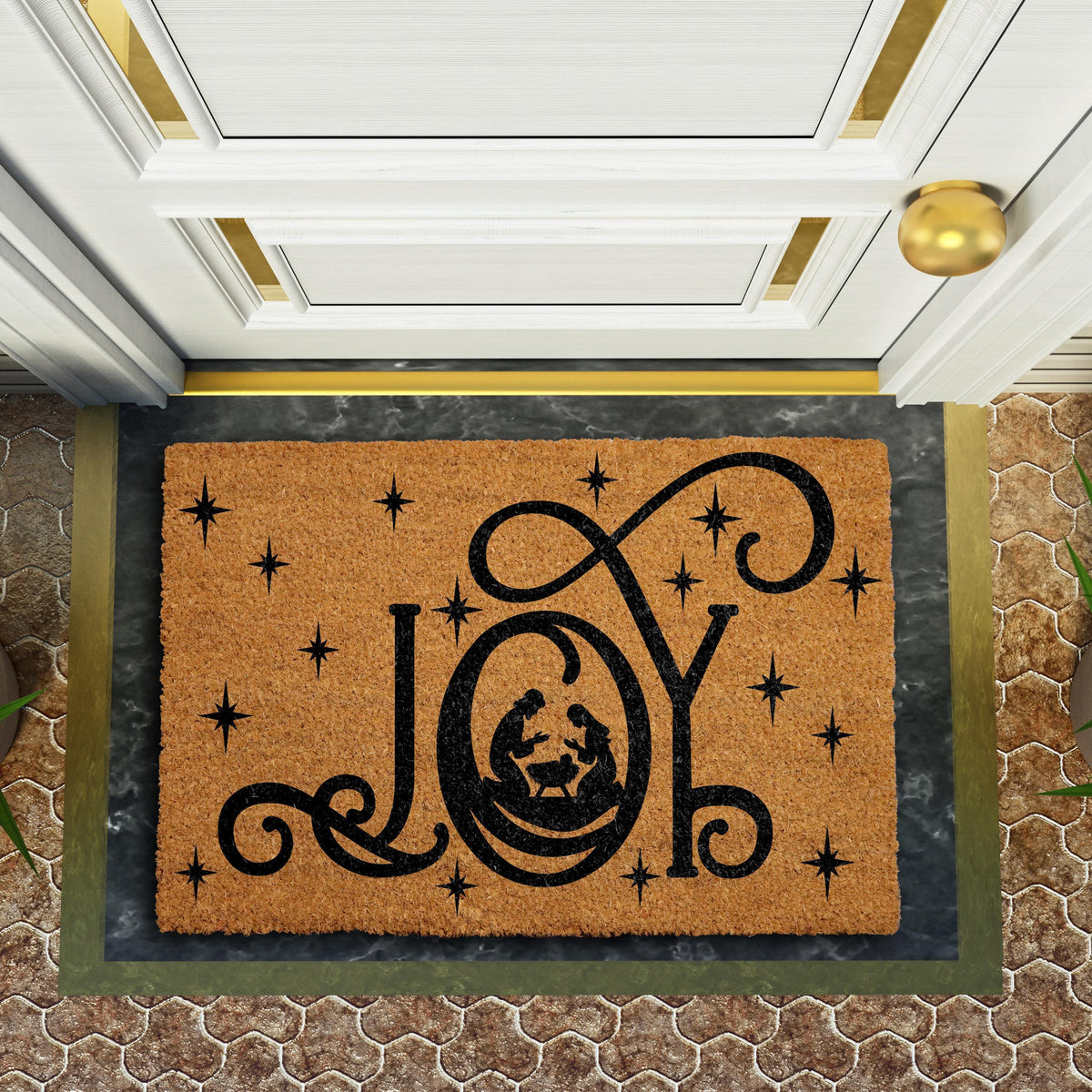 JOY Nativity Silhouette Doormat, Religious Welcome Mat, Christian Home Entrance Decor