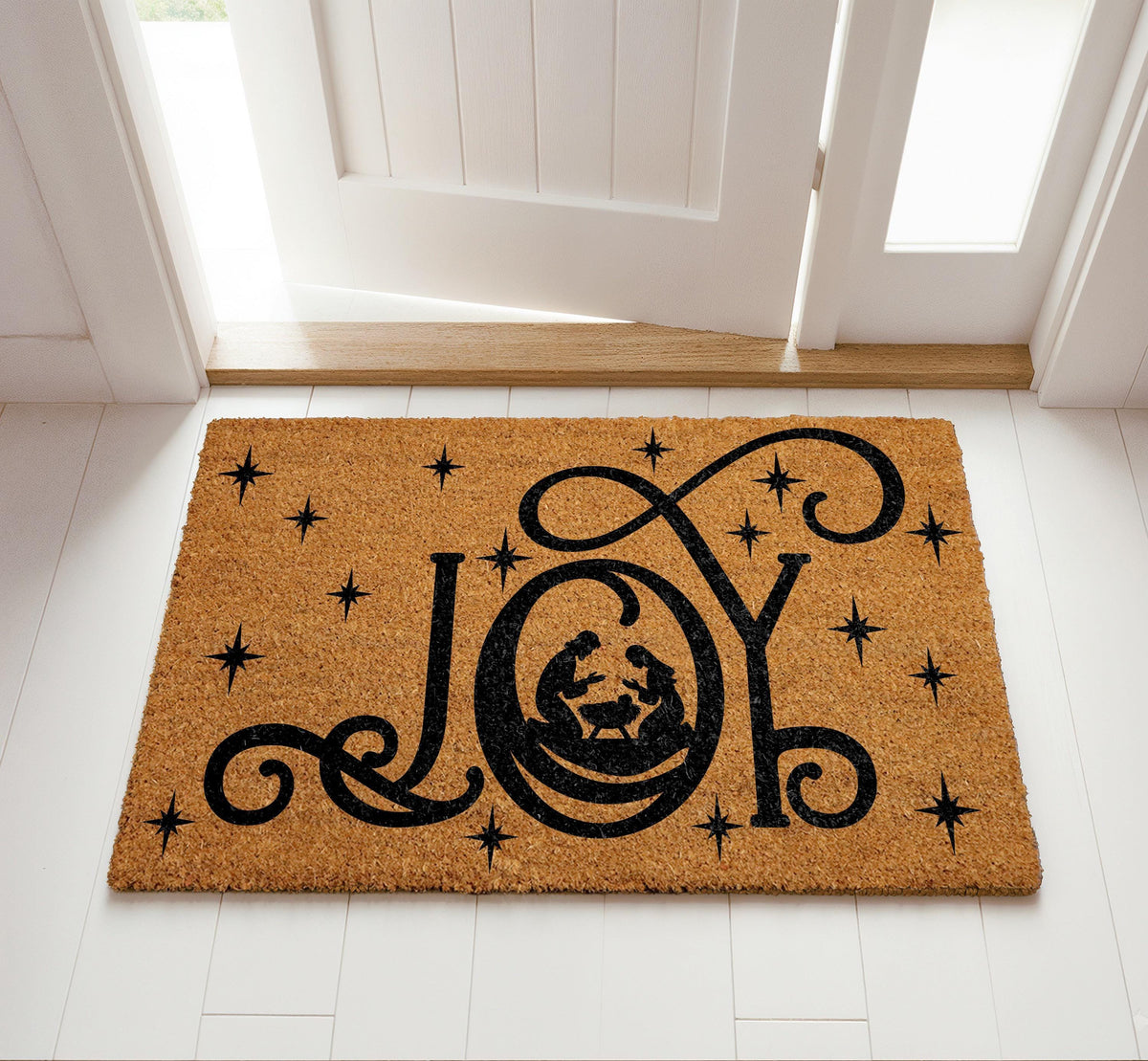 JOY Nativity Silhouette Doormat, Religious Welcome Mat, Christian Home Entrance Decor