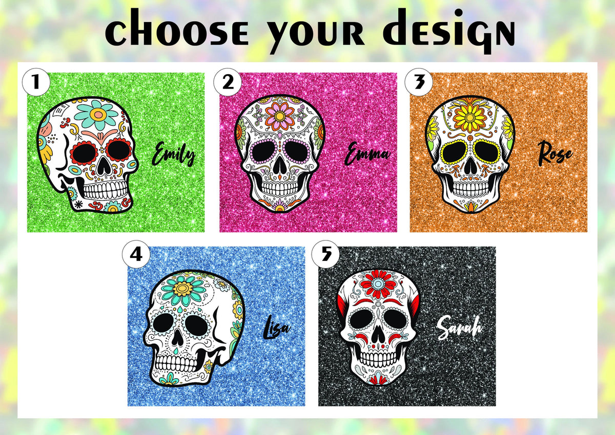 Custom Glitter Sugar Skull Tumbler, Dia de Muertos Travel Bottle
