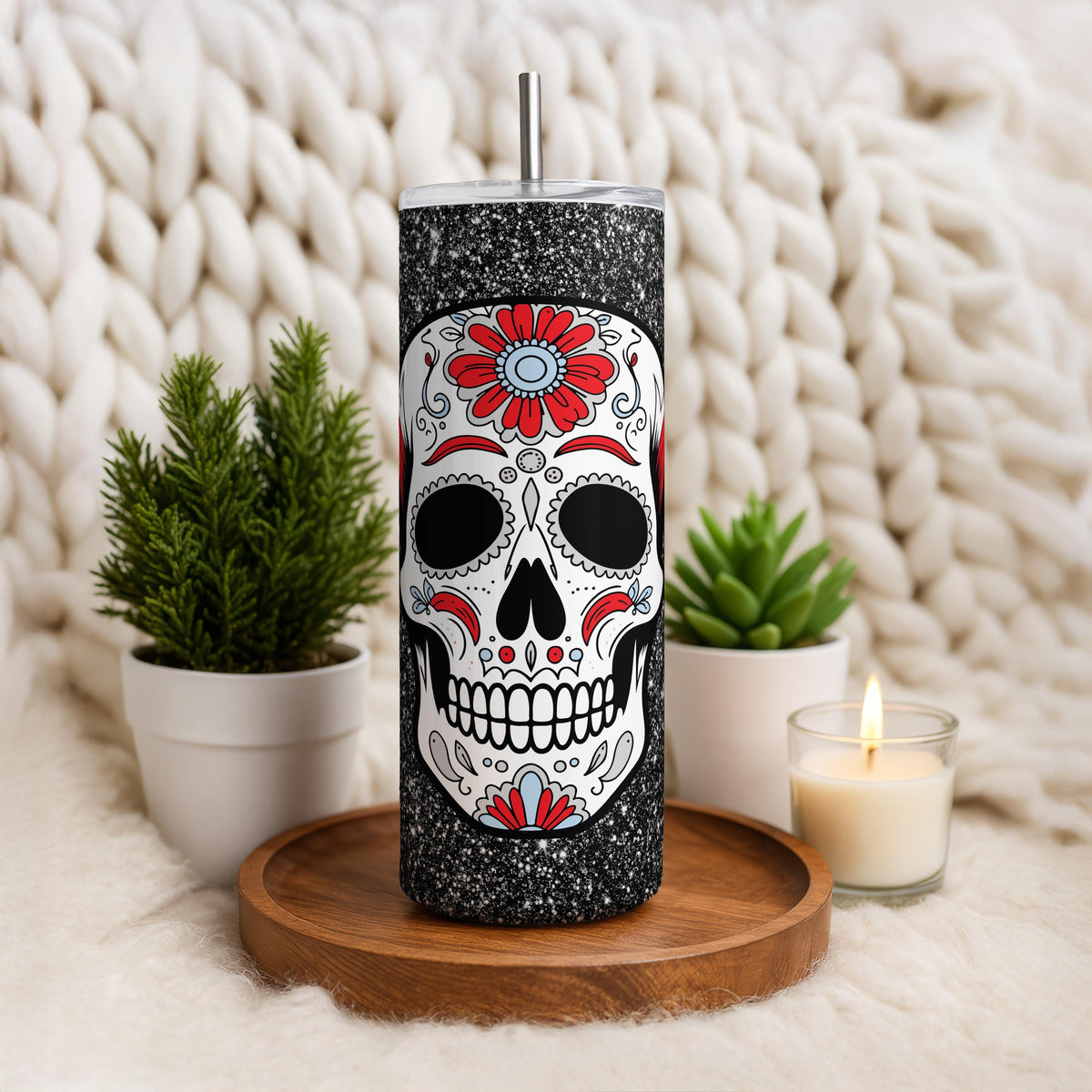 Custom Glitter Sugar Skull Tumbler, Dia de Muertos Travel Bottle