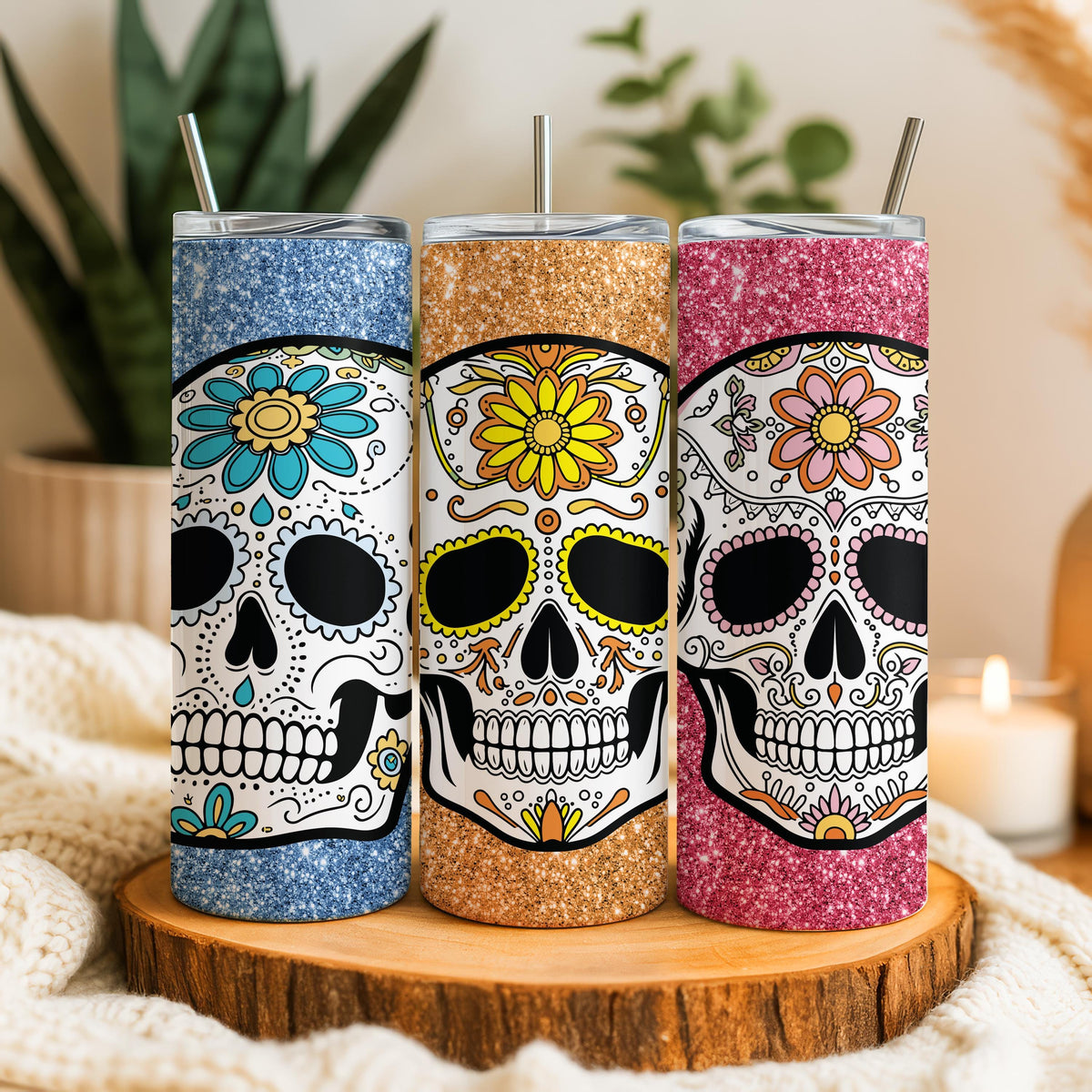 Custom Glitter Sugar Skull Tumbler, Dia de Muertos Travel Bottle