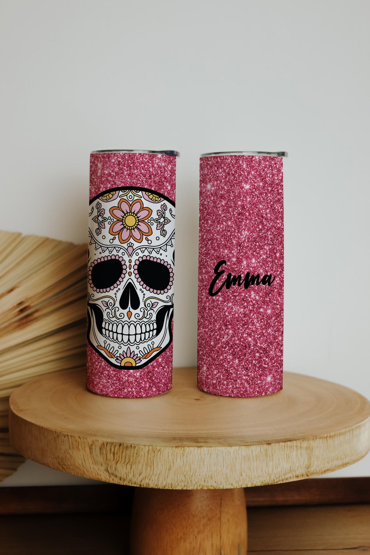 Custom Glitter Sugar Skull Tumbler, Dia de Muertos Travel Bottle