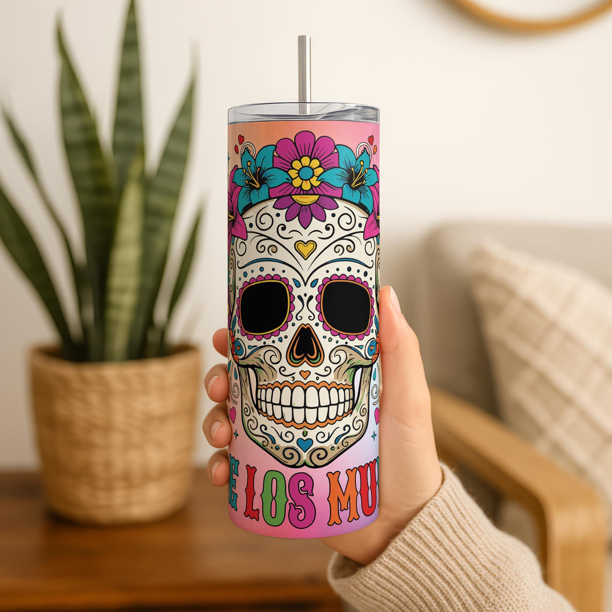 Dia De Los Muertos Tumbler, Floral Sugar Skull Cup with Straw, Day of the Dead Gift