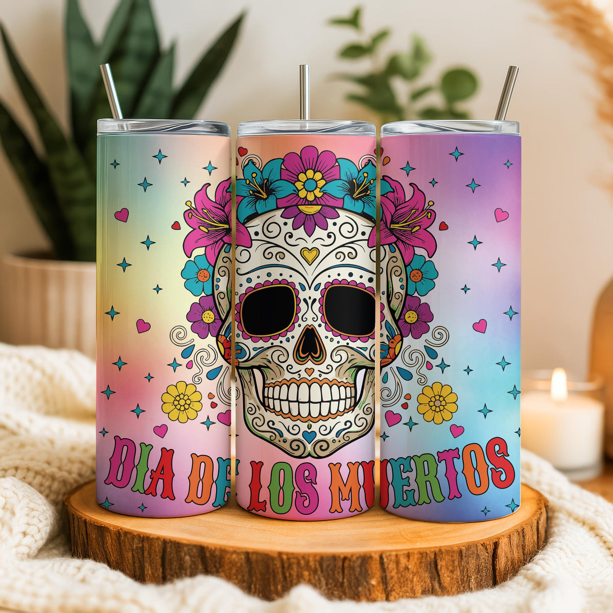 Dia De Los Muertos Tumbler, Floral Sugar Skull Cup with Straw, Day of the Dead Gift