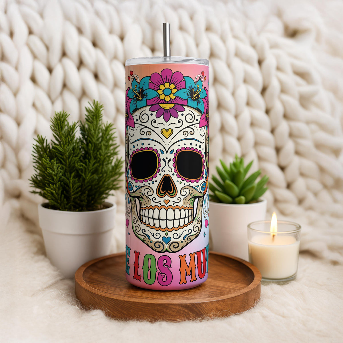 Dia De Los Muertos Tumbler, Floral Sugar Skull Cup with Straw, Day of the Dead Gift
