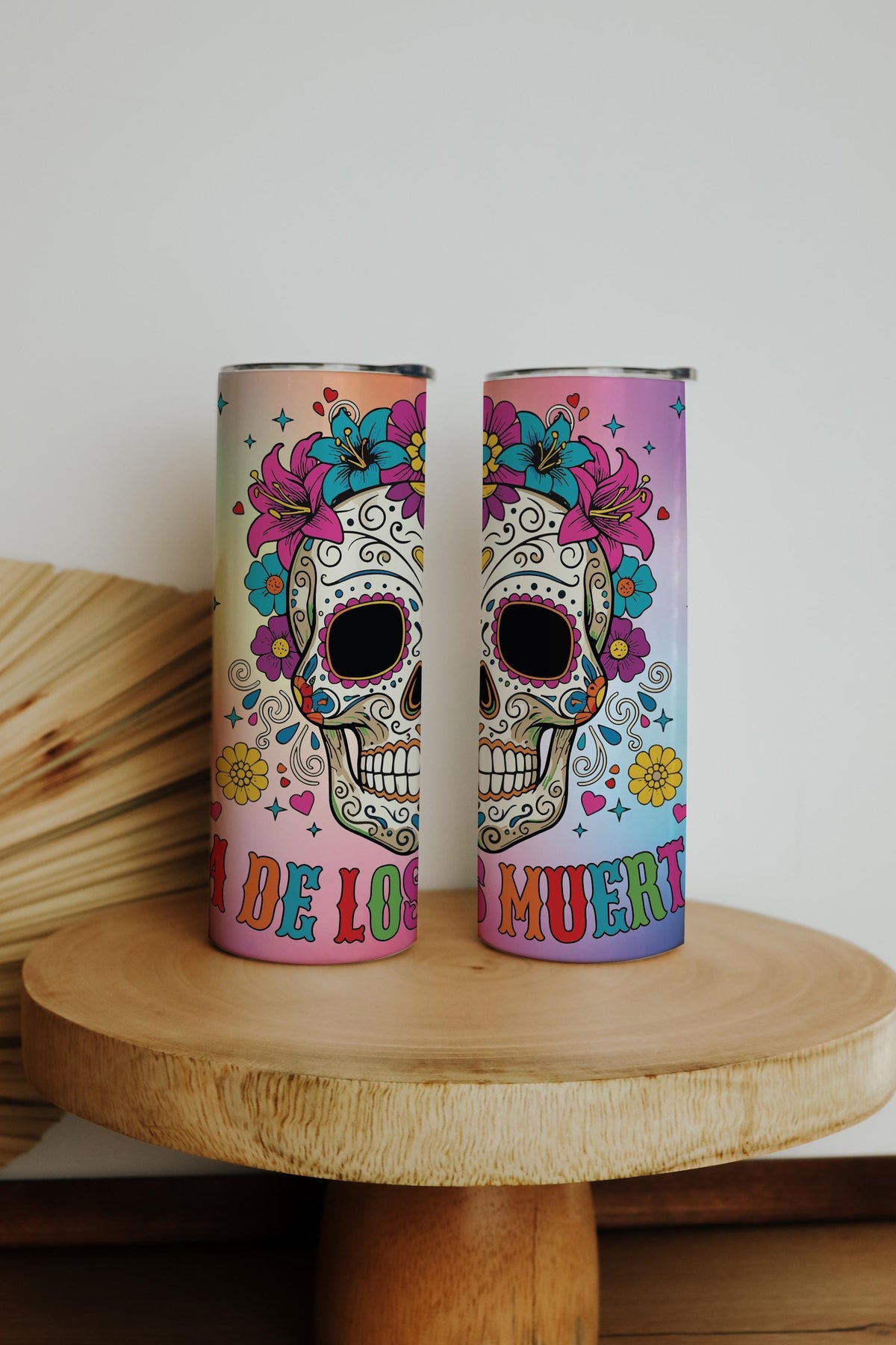 Dia De Los Muertos Tumbler, Floral Sugar Skull Cup with Straw, Day of the Dead Gift