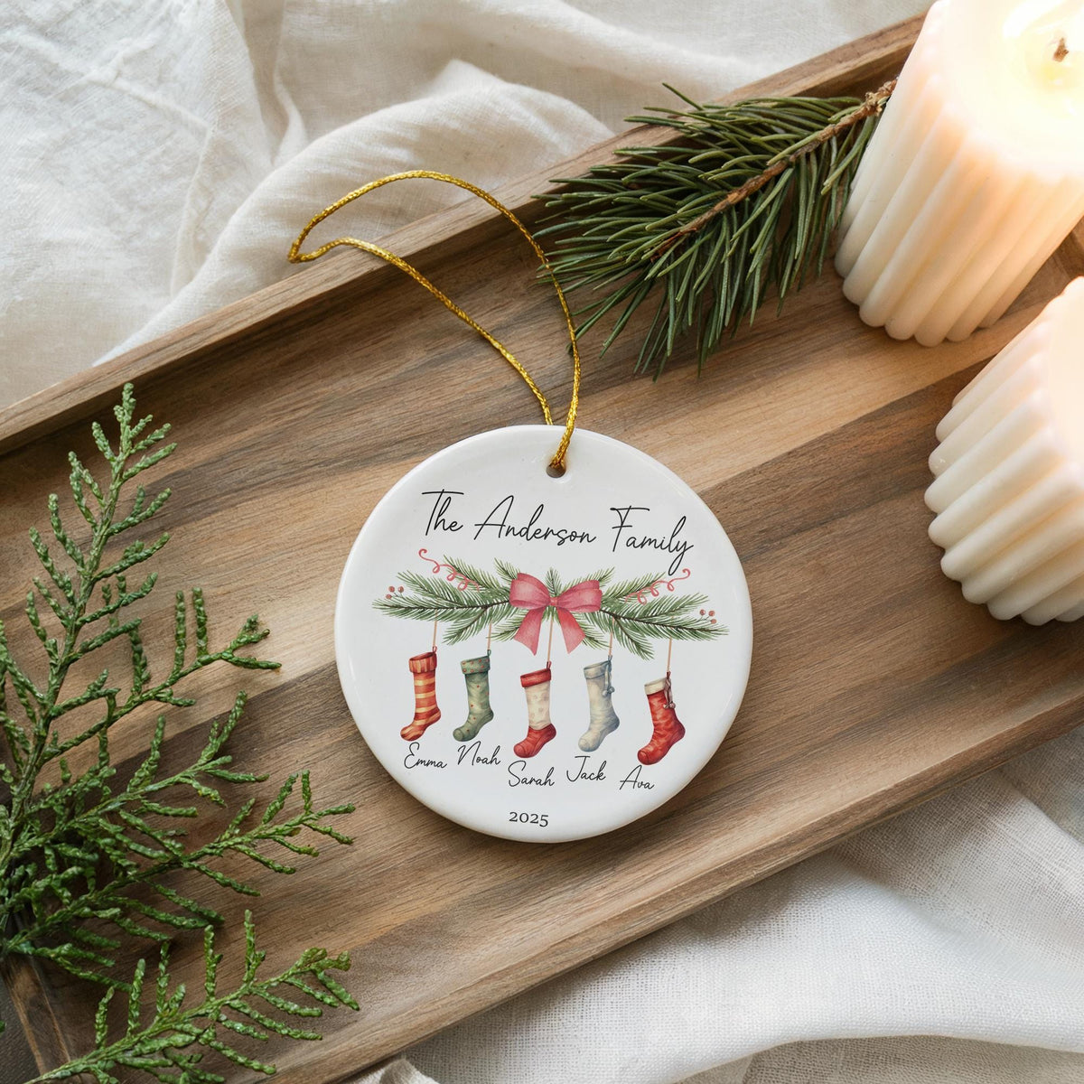 Personalized Family Christmas Ornament, Stocking Design Ceramic Keepsake