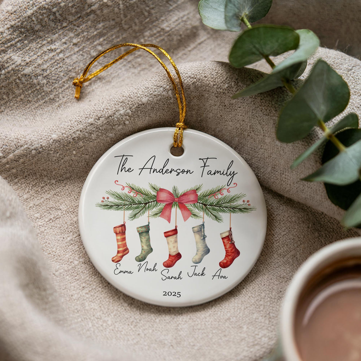 Personalized Family Christmas Ornament, Stocking Design Ceramic Keepsake