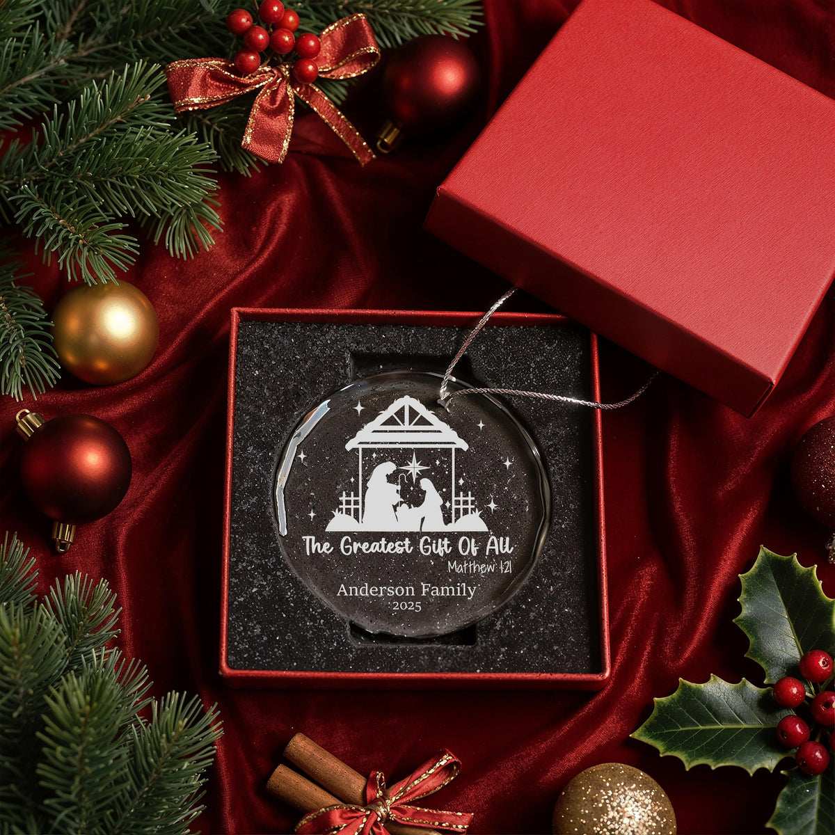 Custom Family Name Nativity Ornament, Engraved Crystal Keepsake