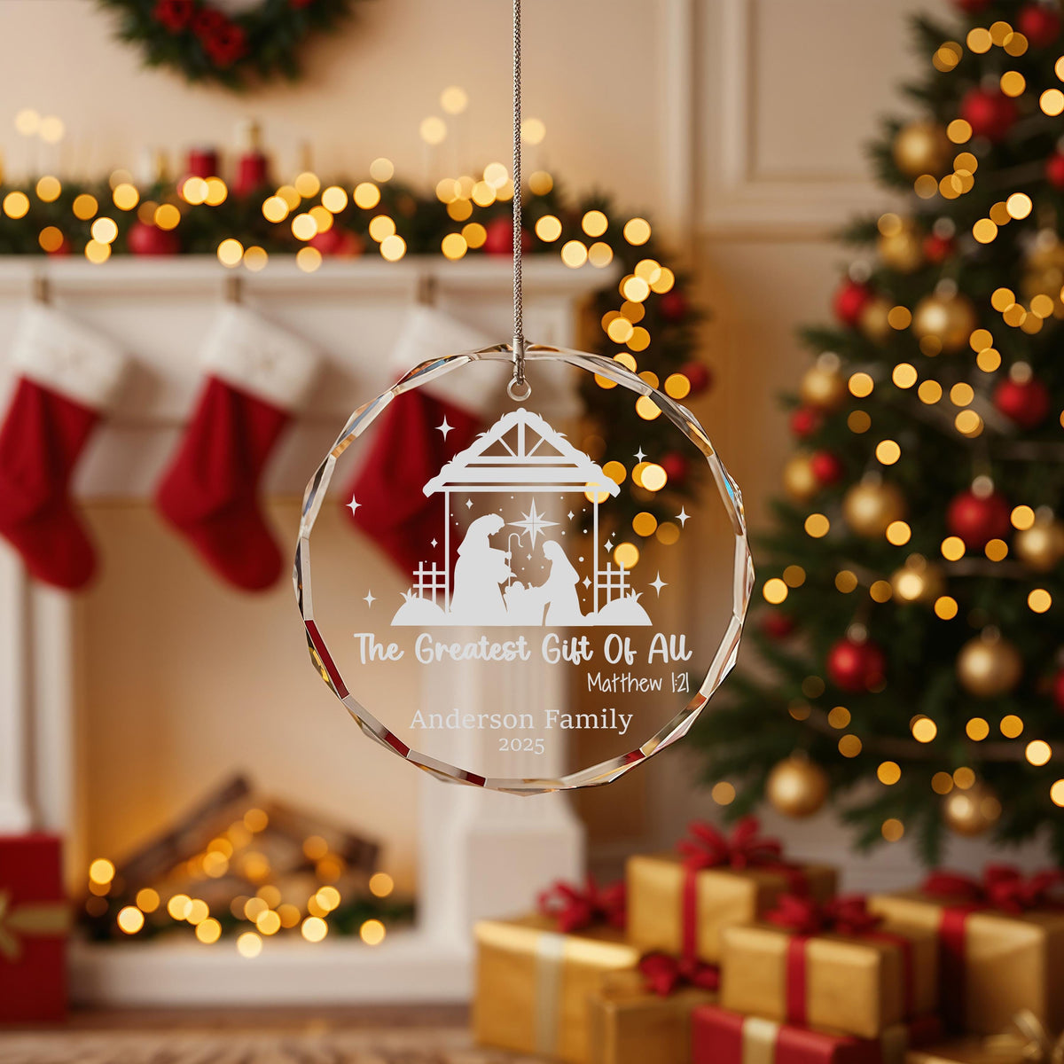 Custom Family Name Nativity Ornament, Engraved Crystal Keepsake
