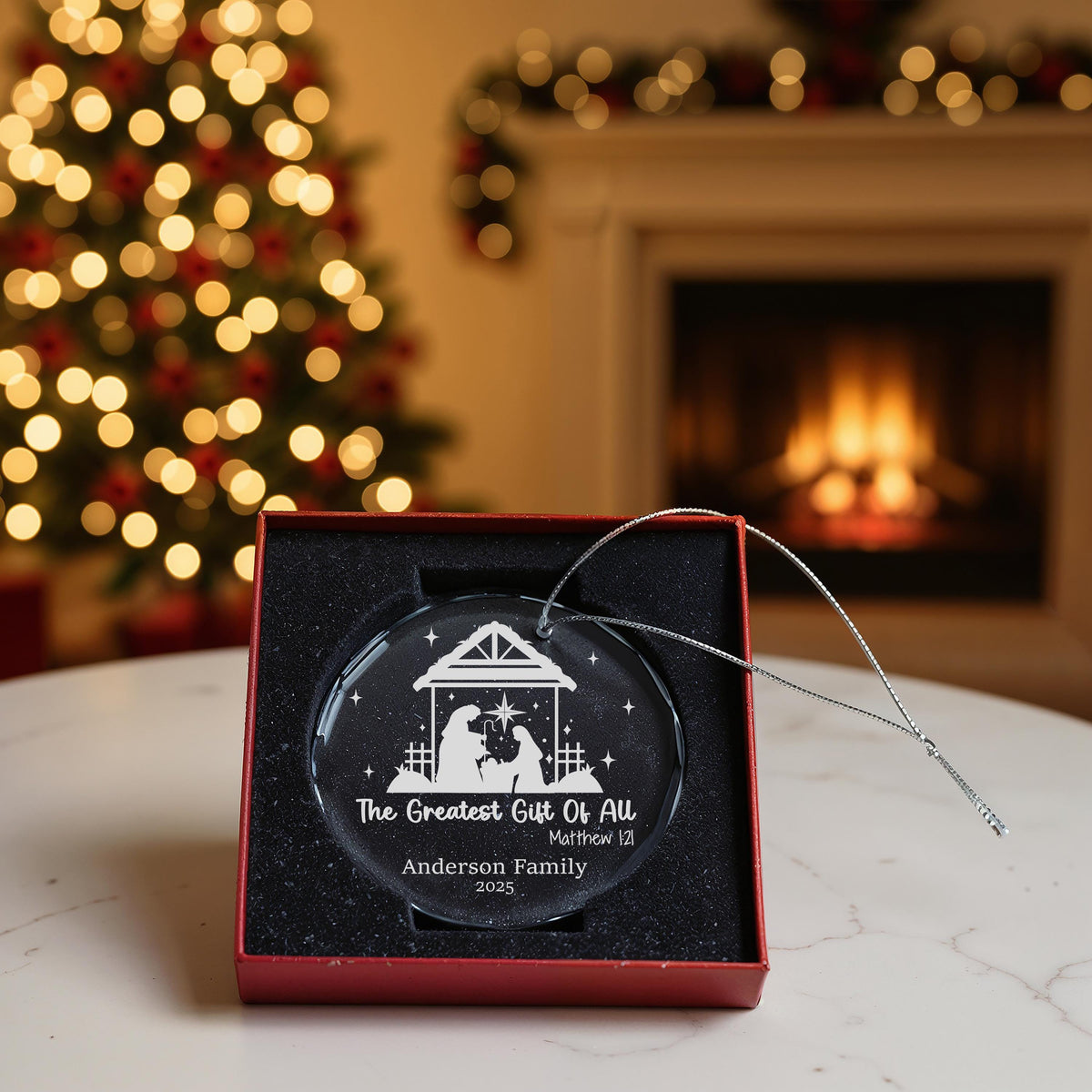 Custom Family Name Nativity Ornament, Engraved Crystal Keepsake