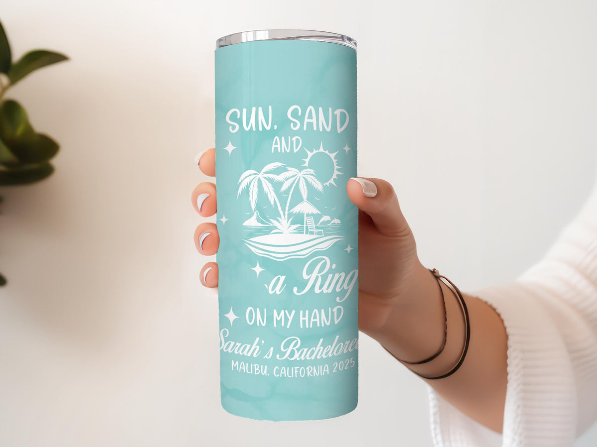 Sun Sand And A Ring On My Hand Tumbler With Straw, Customizable Beach Bachelorette Cups