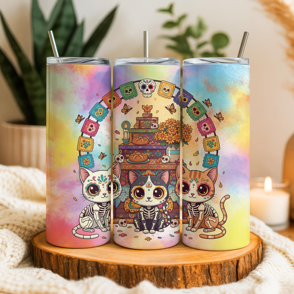 Sugar Skull Cat Tumbler, Día de Muertos Kitty Skinny Tumblers, Calavera Cats Drinkware