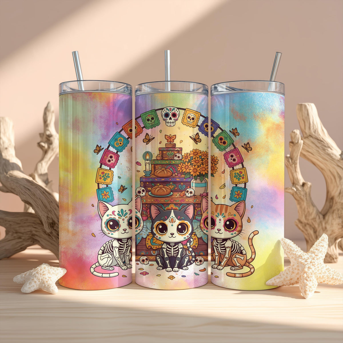 Sugar Skull Cat Tumbler, Día de Muertos Kitty Skinny Tumblers, Calavera Cats Drinkware