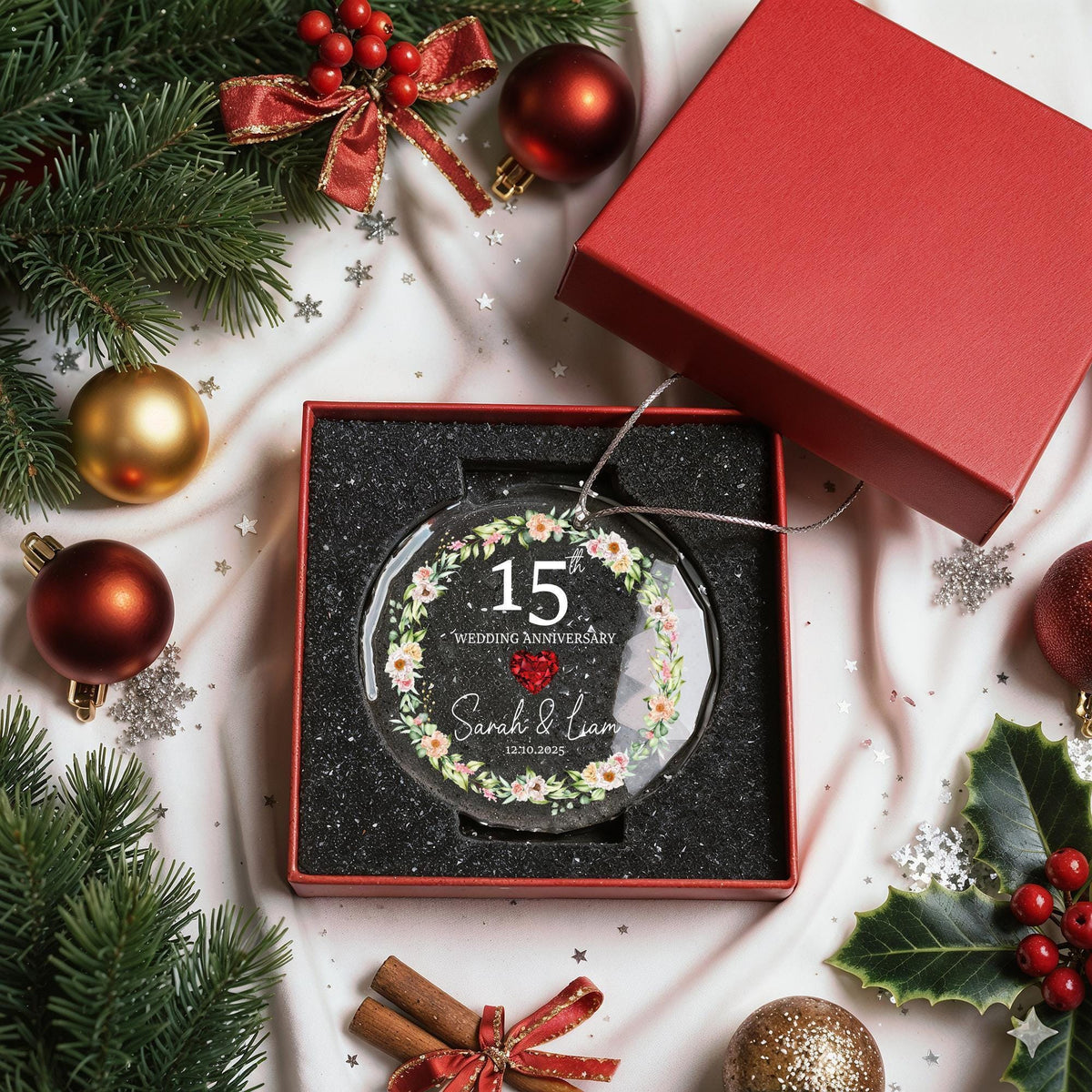 Custom Crystal Glass Anniversary Ornament, Floral Wreath Keepsake