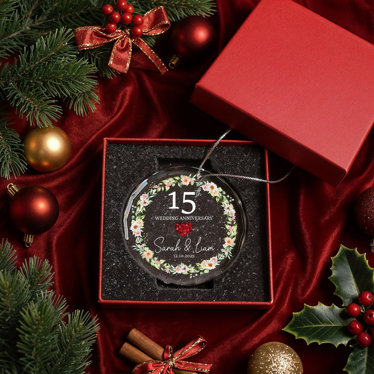 Custom Crystal Glass Anniversary Ornament, Floral Wreath Keepsake