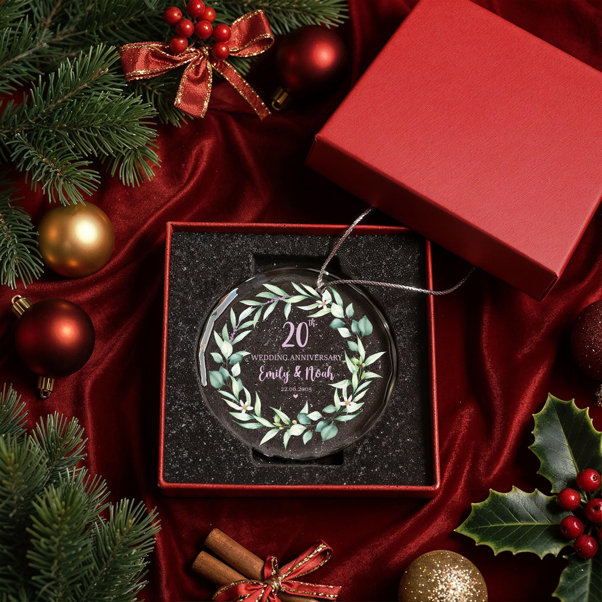 Custom Crystal Glass Anniversary Ornament, Greenery Wreath Keepsake