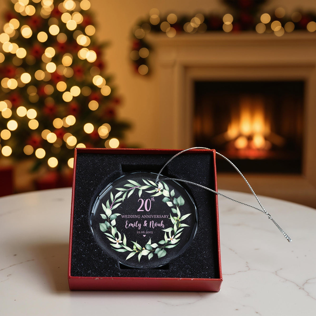 Custom Crystal Glass Anniversary Ornament, Greenery Wreath Keepsake