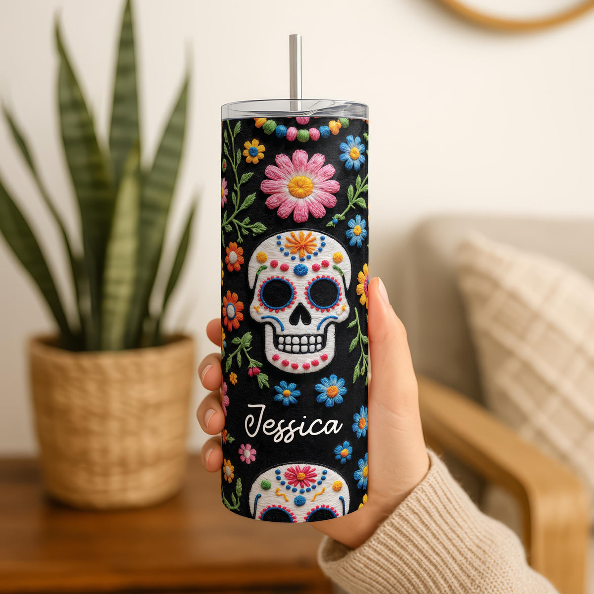 Personalized Sugar Skull Tumbler, Mexican Embroidery Flower Design Cup