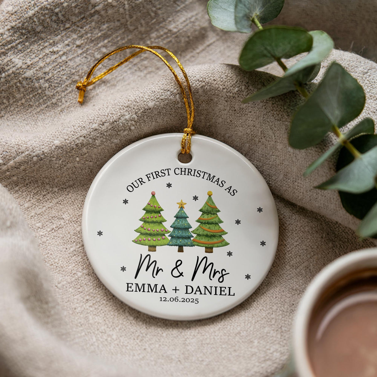 Personalized First Christmas Ornament, Mr & Mrs, Ceramic Keepsake