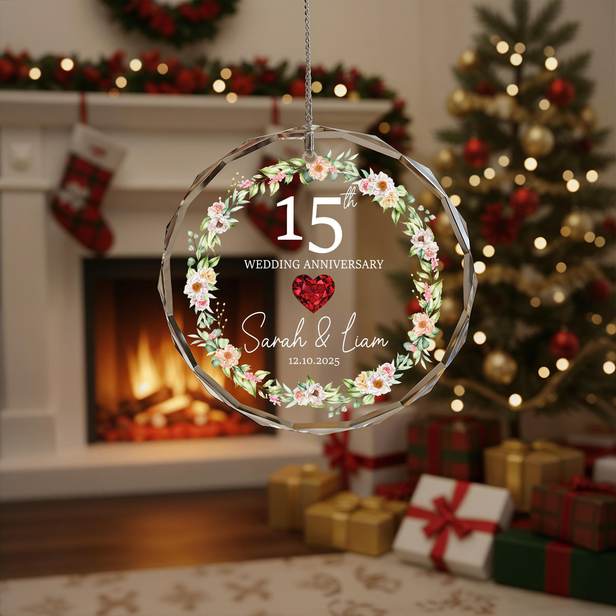 Custom Crystal Glass Anniversary Ornament, Floral Wreath Keepsake