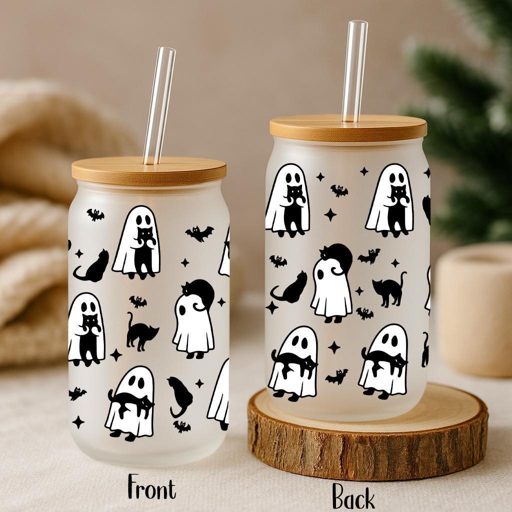 Cute Ghost And Black Cat Pattern Halloween Can Glass, Spooky Season Cat Lovers Iced Coffee Cup