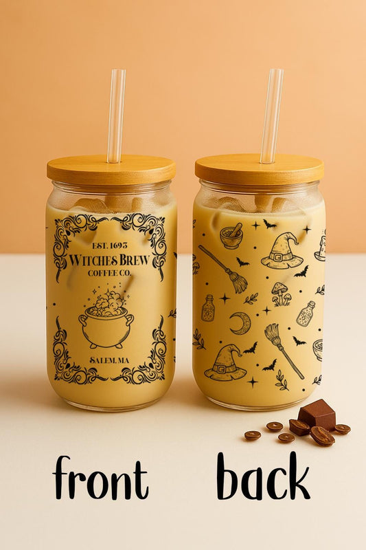 Witches Brew Coffee Co. Est 1693 Bamboo Lid Cup, Witchy Halloween Design Can Glass Tumbler