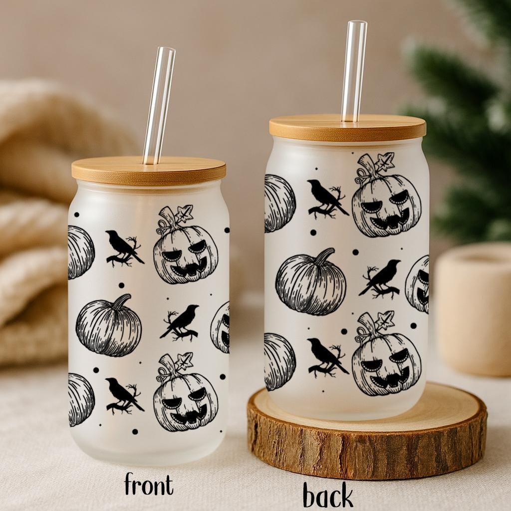 Jack-O-Lantern And Crow Pattern Can Glass Tumbler