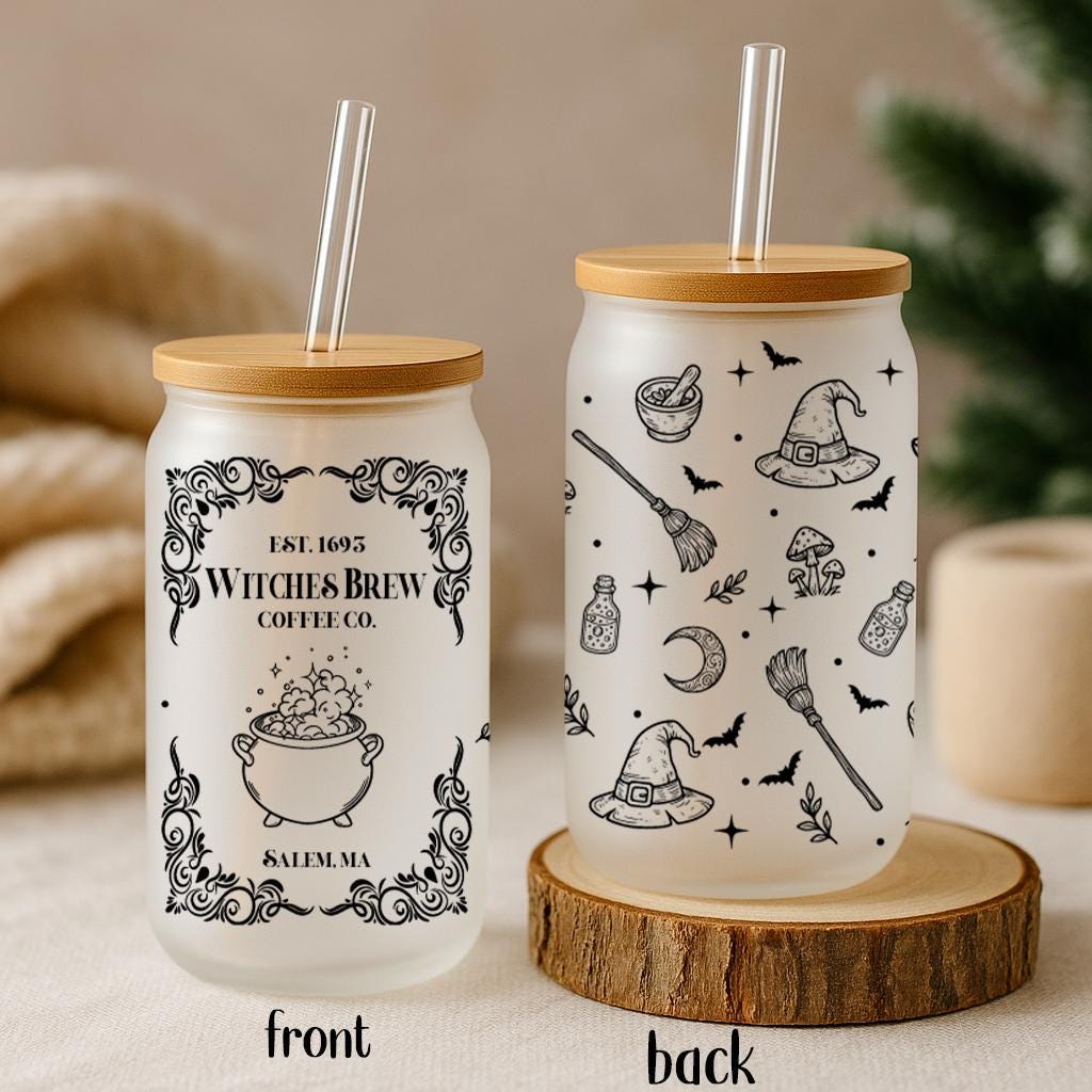 Witches Brew Coffee Co. Est 1693 Bamboo Lid Cup, Witchy Halloween Design Can Glass Tumbler