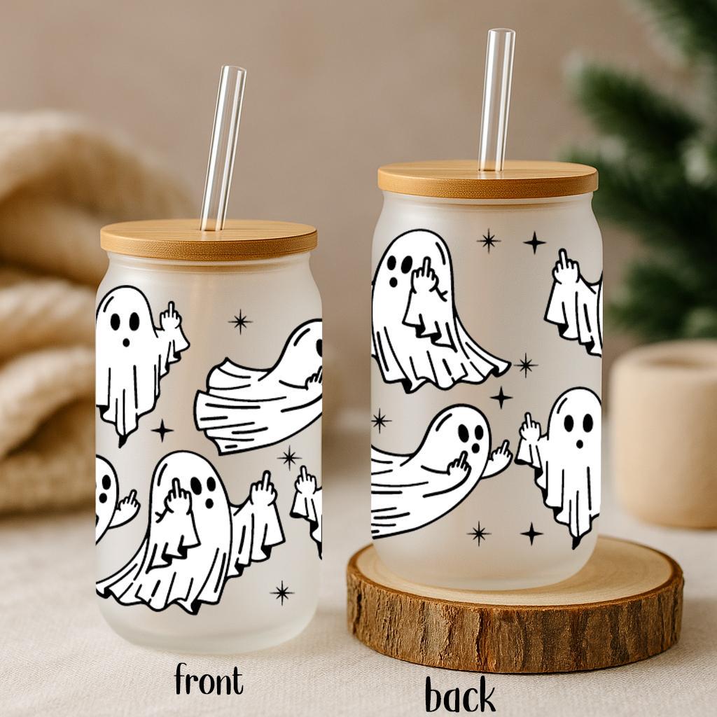 Ghost Giving Middle Finger Pattern Iced Coffee Cup, Funny Spooky Season Gift Can Glass Tumbler