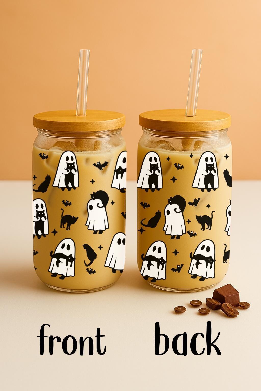 Cute Ghost And Black Cat Pattern Halloween Can Glass, Spooky Season Cat Lovers Iced Coffee Cup